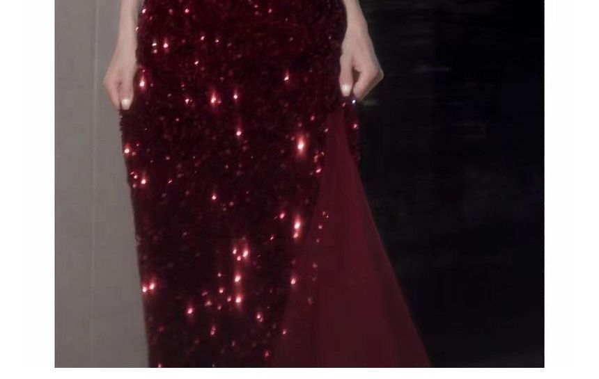 Thin Strap Two Tone Sequin Mesh A-Line Evening Gown