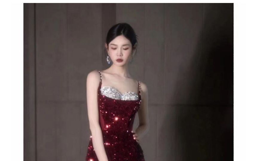 Thin Strap Two Tone Sequin Mesh A-Line Evening Gown