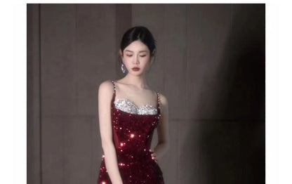 Thin Strap Two Tone Sequin Mesh A-Line Evening Gown