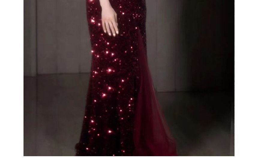 Thin Strap Two Tone Sequin Mesh A-Line Evening Gown