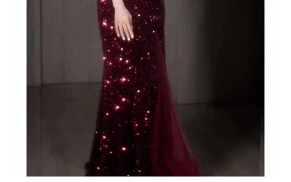 Thin Strap Two Tone Sequin Mesh A-Line Evening Gown