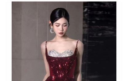 Thin Strap Two Tone Sequin Mesh A-Line Evening Gown