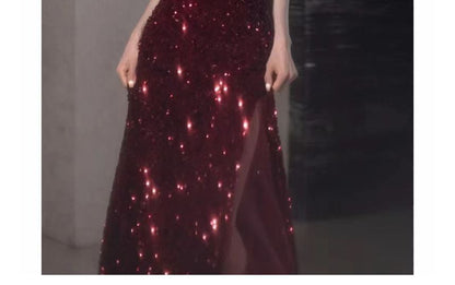 Thin Strap Two Tone Sequin Mesh A-Line Evening Gown