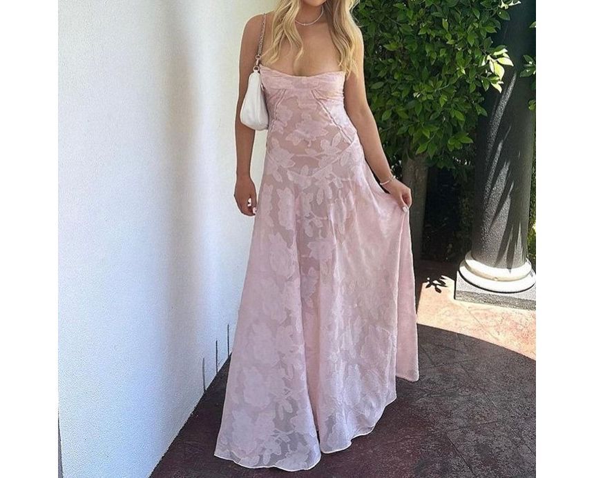 Thin Strap Square Neck Lace Maxi A-Line Dress