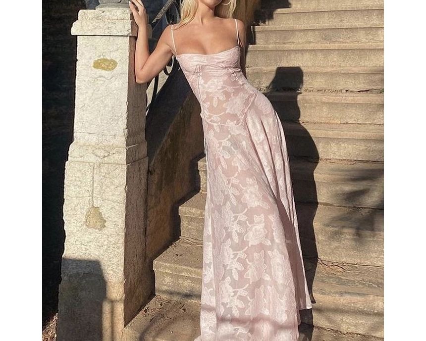 Thin Strap Square Neck Lace Maxi A-Line Dress