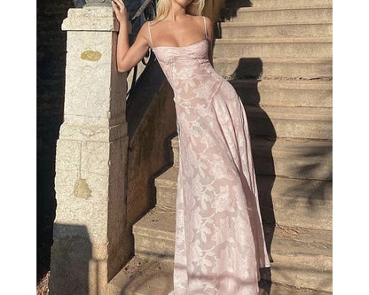 Thin Strap Square Neck Lace Maxi A-Line Dress
