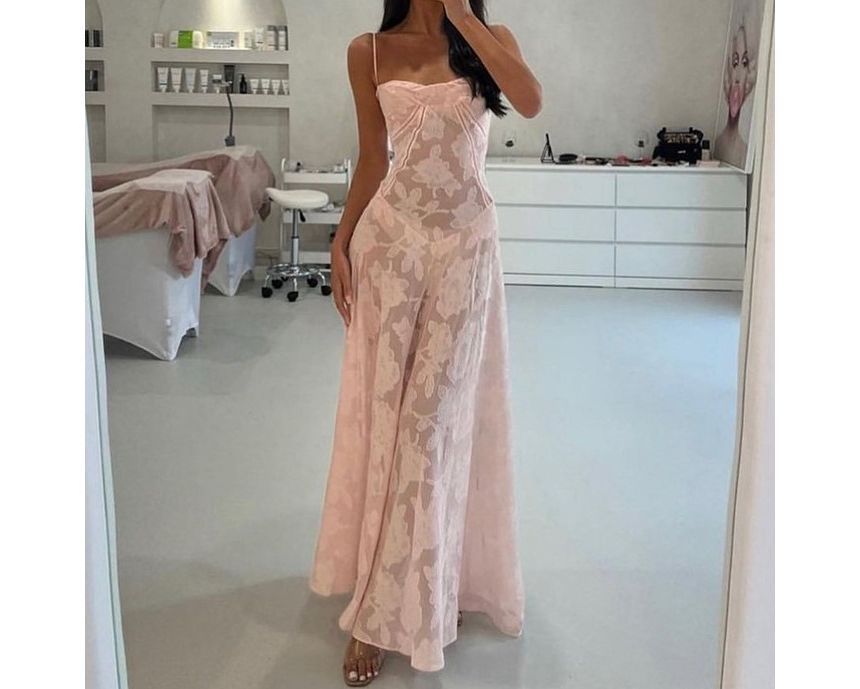 Thin Strap Square Neck Lace Maxi A-Line Dress