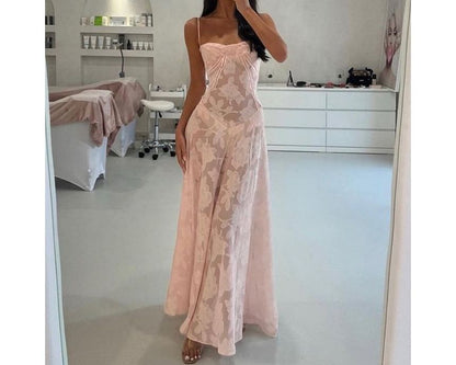 Thin Strap Square Neck Lace Maxi A-Line Dress