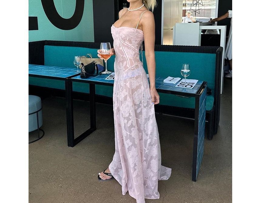 Thin Strap Square Neck Lace Maxi A-Line Dress