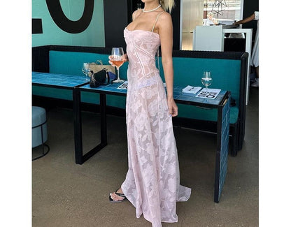 Thin Strap Square Neck Lace Maxi A-Line Dress