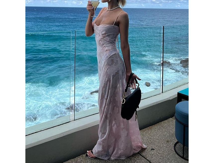 Thin Strap Square Neck Lace Maxi A-Line Dress