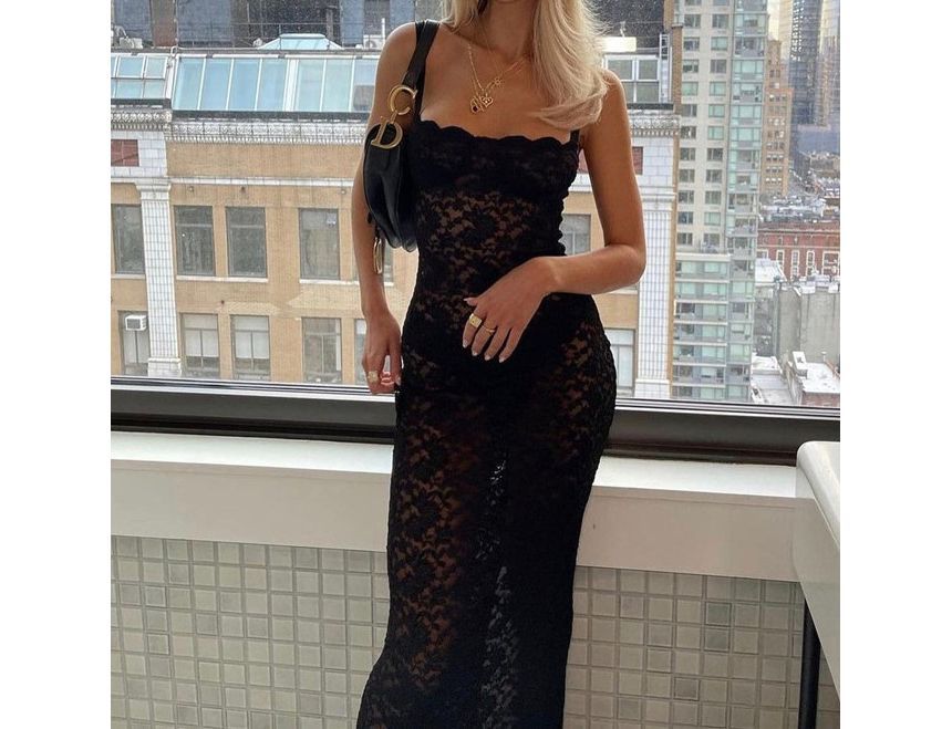 Thin Strap Square Neck Lace Maxi Sheath Dress