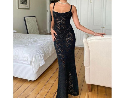 Thin Strap Square Neck Lace Maxi Sheath Dress