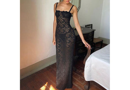 Thin Strap Square Neck Lace Maxi Sheath Dress