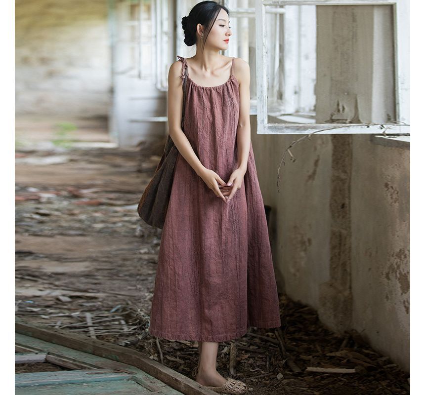 Thin Strap Scoop Neck Tie Dye Midi Shift Dress