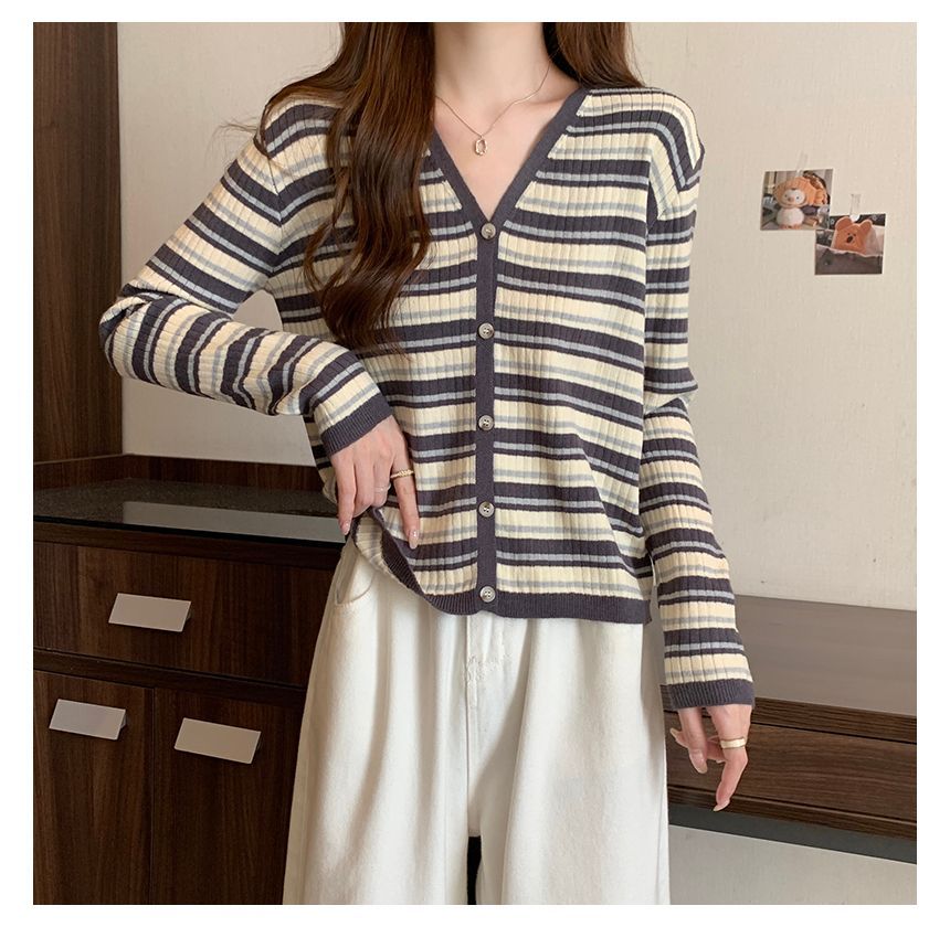 Long Sleeve Color Block Striped V-Neck Cardigan