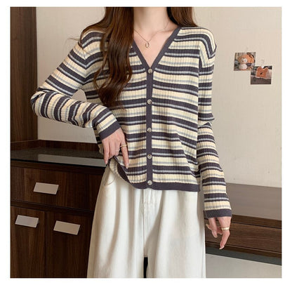 Long Sleeve Color Block Striped V-Neck Cardigan
