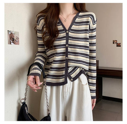 Long Sleeve Color Block Striped V-Neck Cardigan