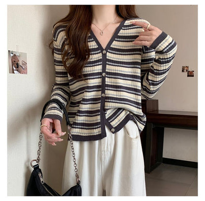 Long Sleeve Color Block Striped V-Neck Cardigan