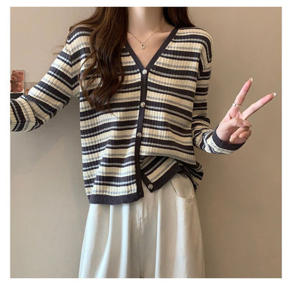 Long Sleeve Color Block Striped V-Neck Cardigan