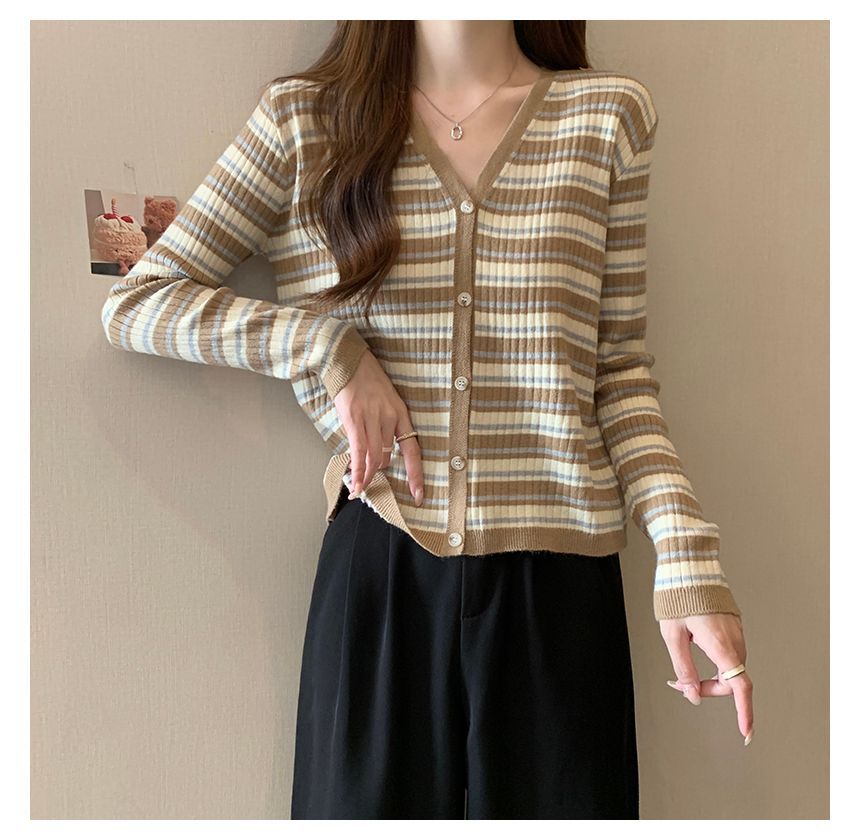 Long Sleeve Color Block Striped V-Neck Cardigan