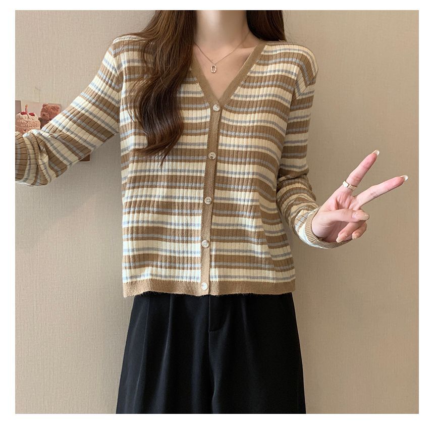 Long Sleeve Color Block Striped V-Neck Cardigan