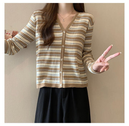 Long Sleeve Color Block Striped V-Neck Cardigan