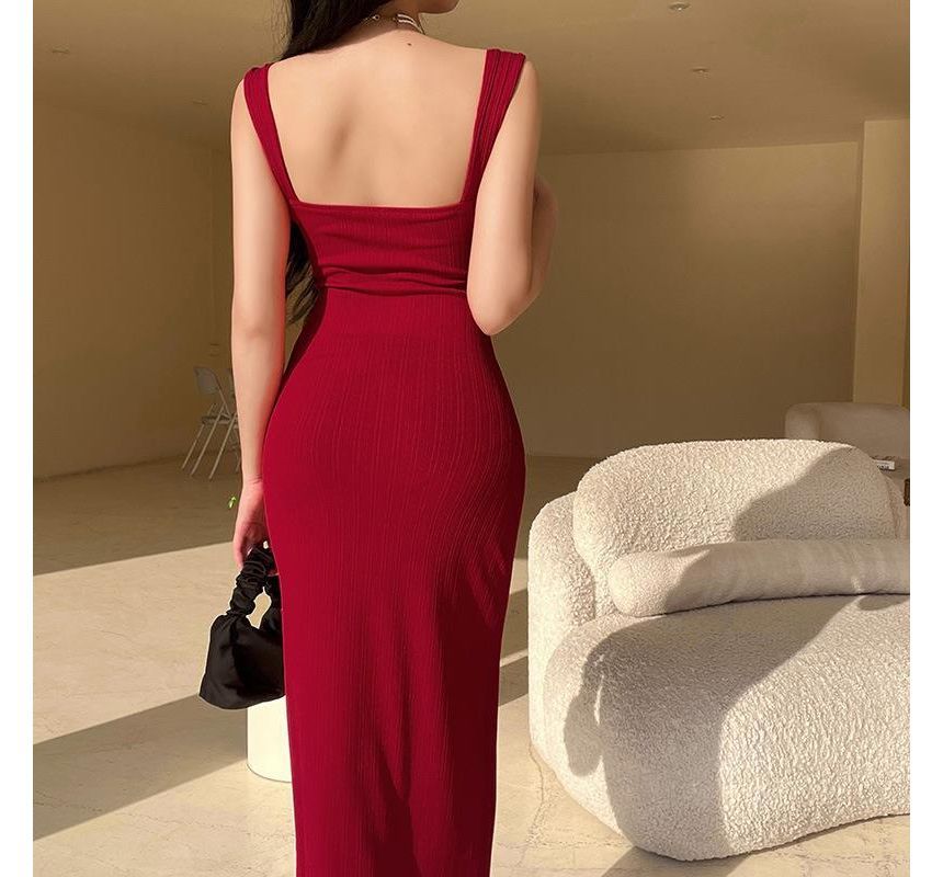 Thin Strap Square Neck Plain Maxi Sheath Dress