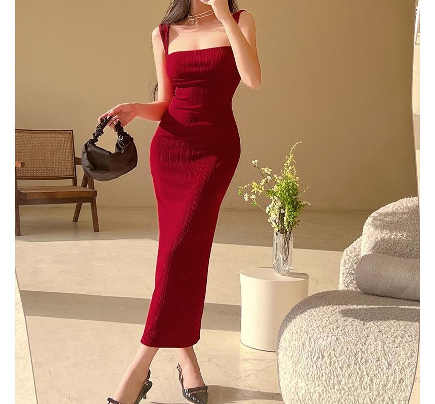 Thin Strap Square Neck Plain Maxi Sheath Dress