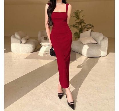Thin Strap Square Neck Plain Maxi Sheath Dress