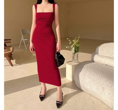 Thin Strap Square Neck Plain Maxi Sheath Dress