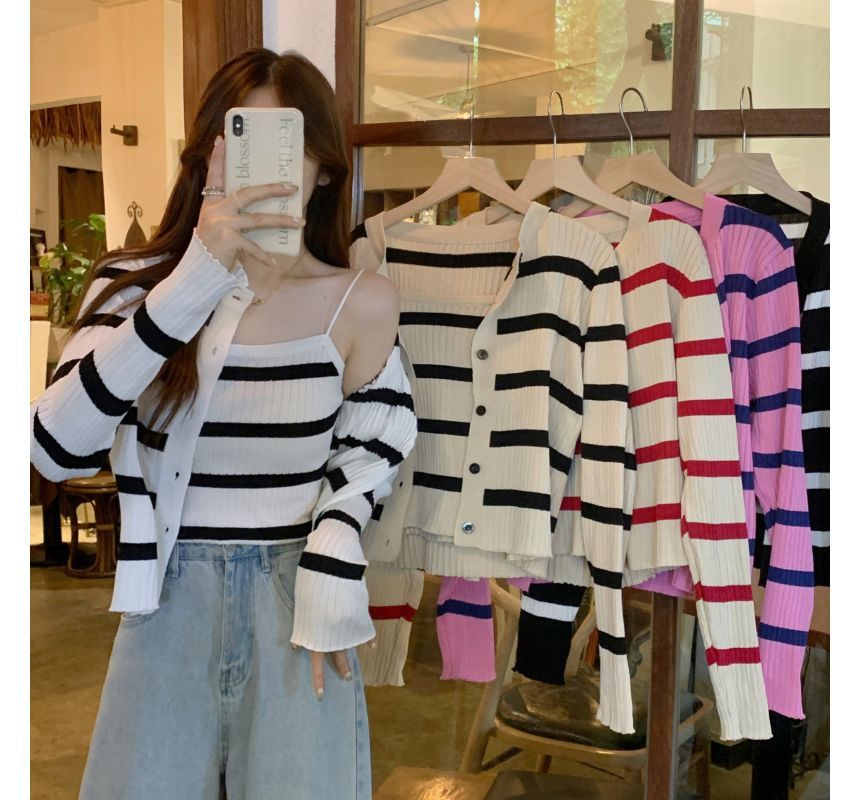 Striped Ribbed Knit Camisole & Button-Up Cardigan Set