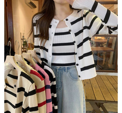 Striped Ribbed Knit Camisole & Button-Up Cardigan Set