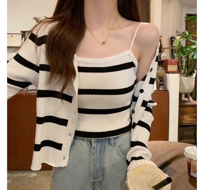Striped Ribbed Knit Camisole & Button-Up Cardigan Set