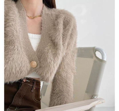 Fluffy V-Neck Button-Up Crop Cardigan