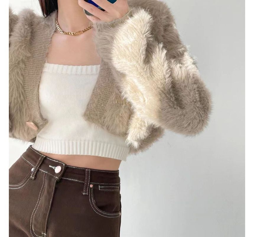 Fluffy V-Neck Button-Up Crop Cardigan