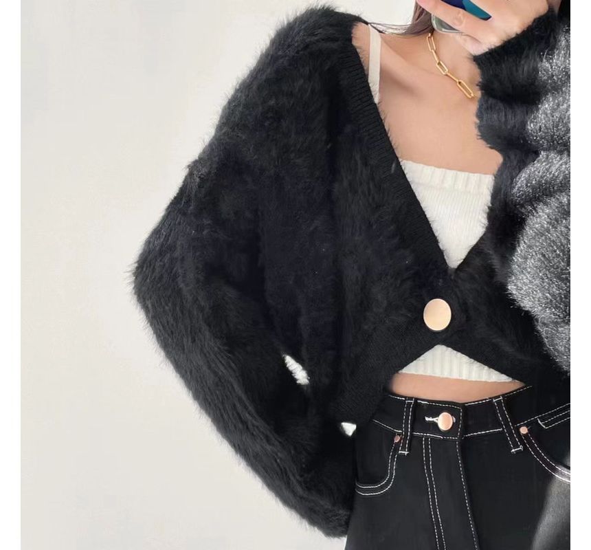 Fluffy V-Neck Button-Up Crop Cardigan