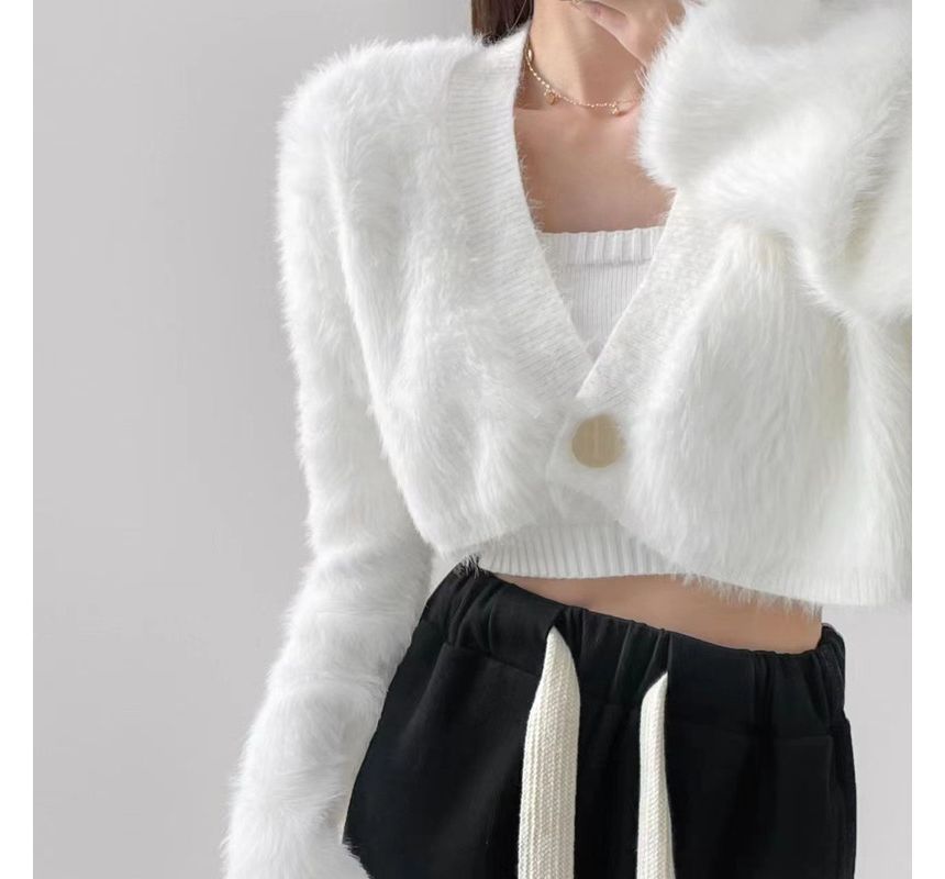 Fluffy V-Neck Button-Up Crop Cardigan