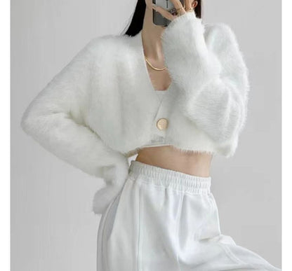 Fluffy V-Neck Button-Up Crop Cardigan