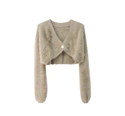 Fluffy V-Neck Button-Up Crop Cardigan