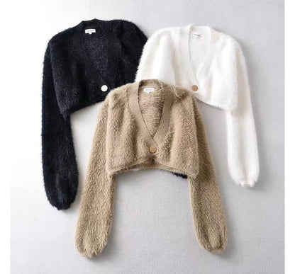 Fluffy V-Neck Button-Up Crop Cardigan