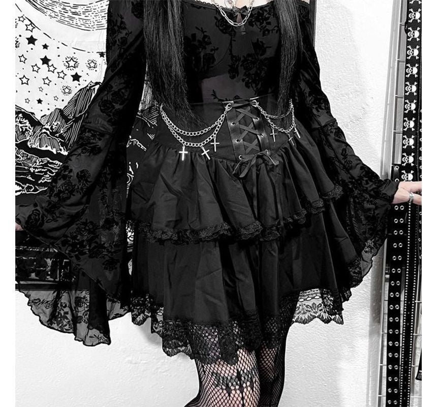 Layered Lace Mini A-Line Skirt with High-Waist Design