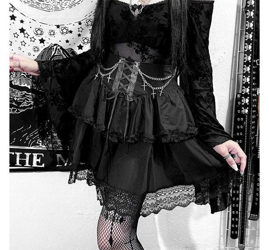 Layered Lace Mini A-Line Skirt with High-Waist Design