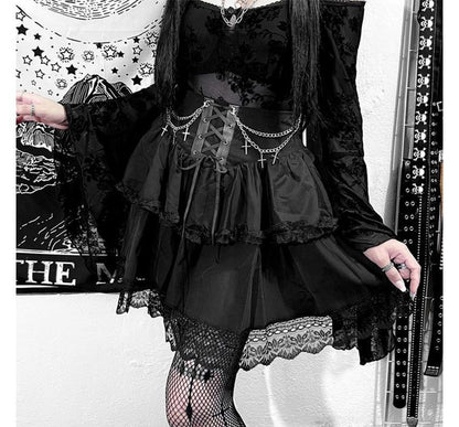 Layered Lace Mini A-Line Skirt with High-Waist Design