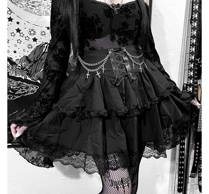 Layered Lace Mini A-Line Skirt with High-Waist Design