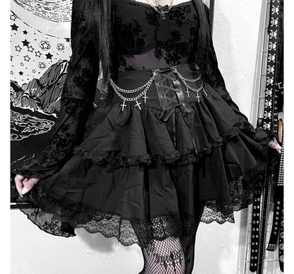 Layered Lace Mini A-Line Skirt with High-Waist Design