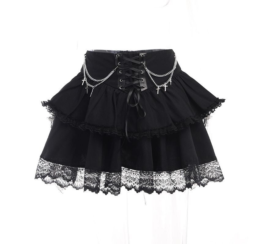 Layered Lace Mini A-Line Skirt with High-Waist Design