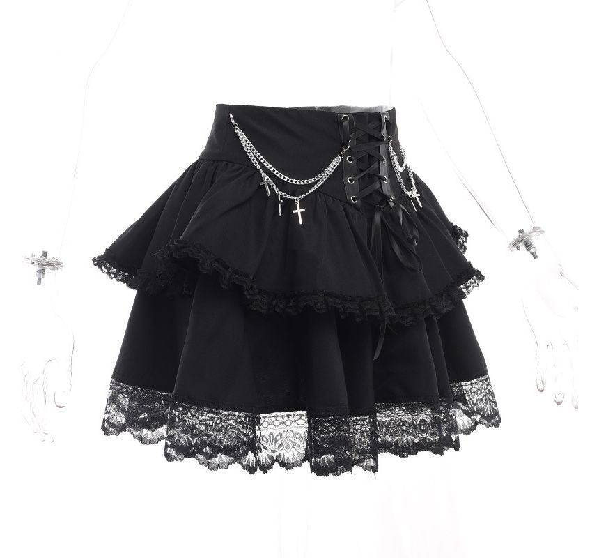 Layered Lace Mini A-Line Skirt with High-Waist Design