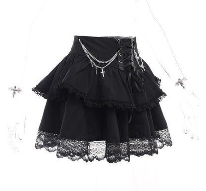 Layered Lace Mini A-Line Skirt with High-Waist Design
