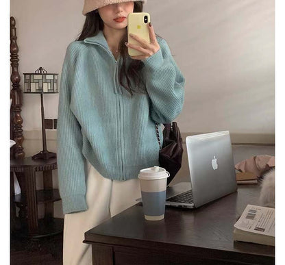 Stand Collar Ribbed Zip Cardigan